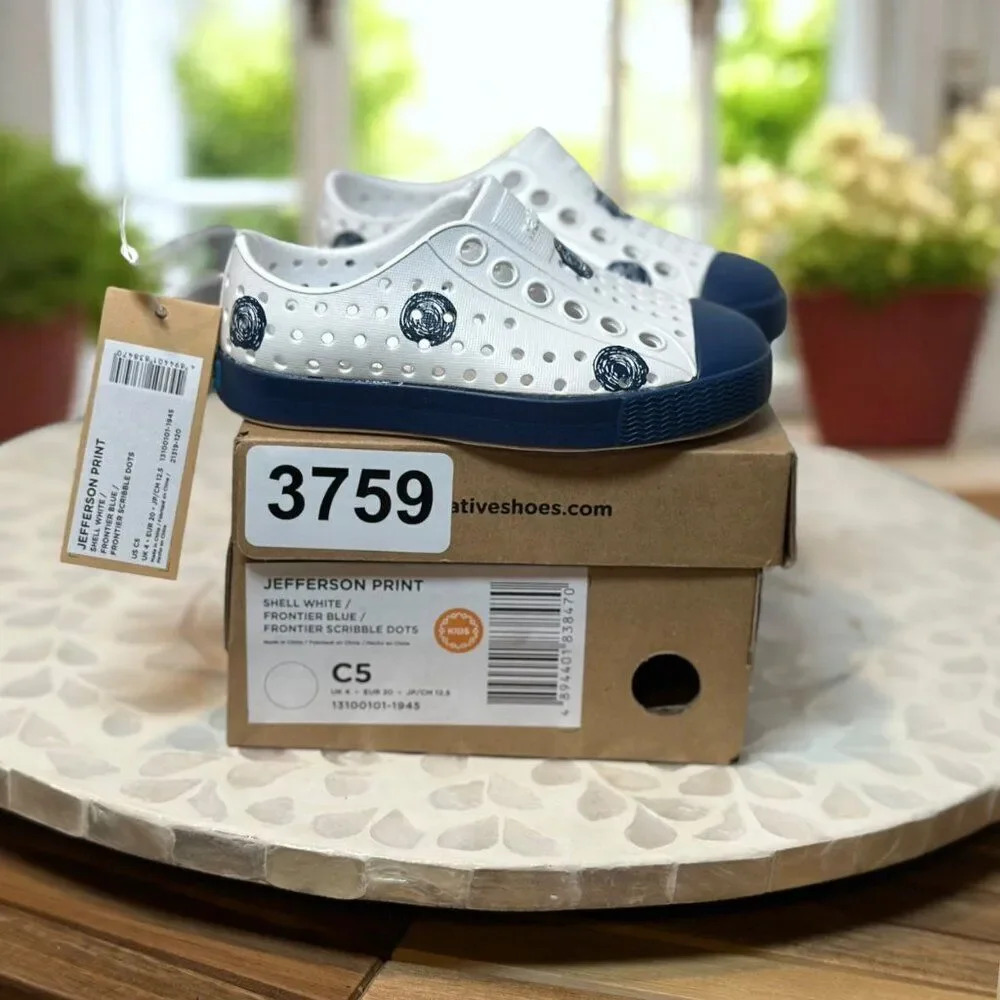 Native Jefferson “Frontier Scribble Dots”  Slip-On Water Shoes Toddler C5 White